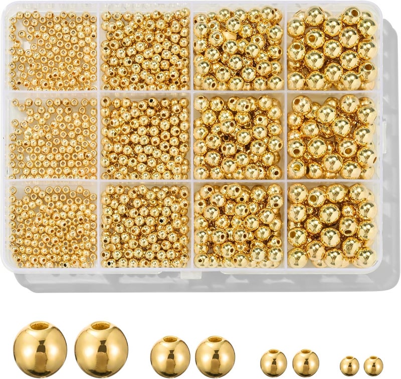 Monigte 1100 Pcs Smooth Round Beads - 3/4/6/8mm Gold Spacer Loose Ball Bead Kits for Bracelet Jewelry Making - Image 1